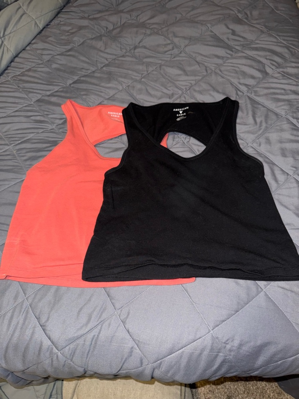 American Eagle Outfitters Black & Coral Racerback Tank Tops with keyhole back